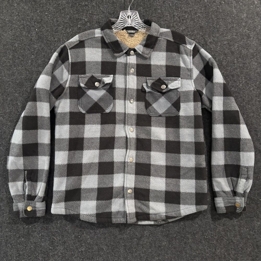 Eddie Bauer Jacket Kids 14/16 Black Gray Plaid Faux Sherpa Lined Snap Fleece